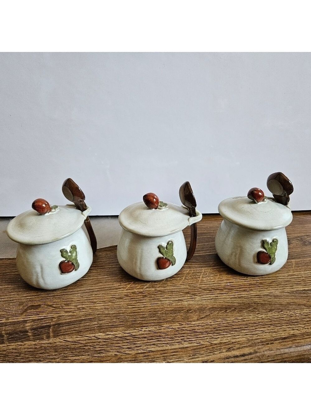 Japanese Set of 3 "Hon Original" Handmade Stoneware Mugs, Lids with Spoons